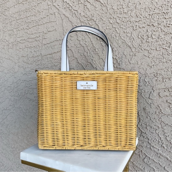 KATE SPADE Wicker Rattan Lemon Zest Printed Woven Picnic Satchel Box Bag - Picture 11 of 16